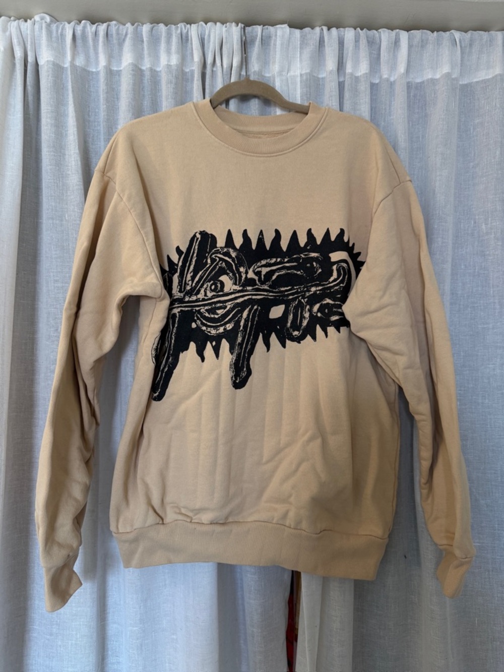 Men's Beige Crewneck Sweater with Black Graphic